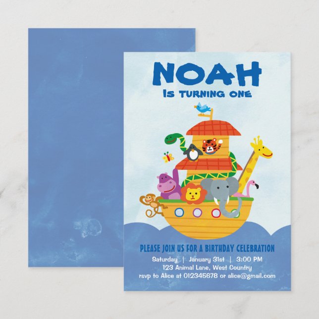 Fête d'anniversaire - invitation de Noah's Ark (Devant / Derrière)