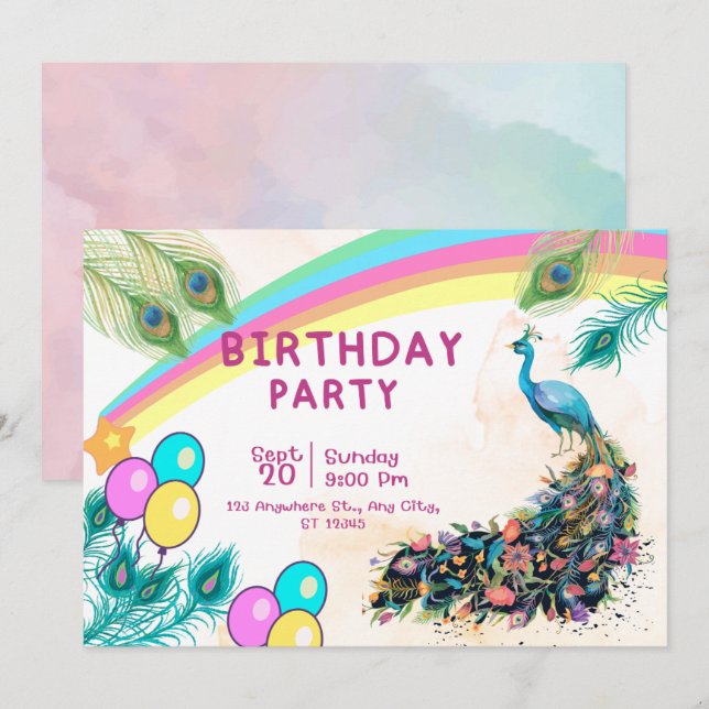 Fête d'anniversaire Peacock Invitation (Devant / Derrière)