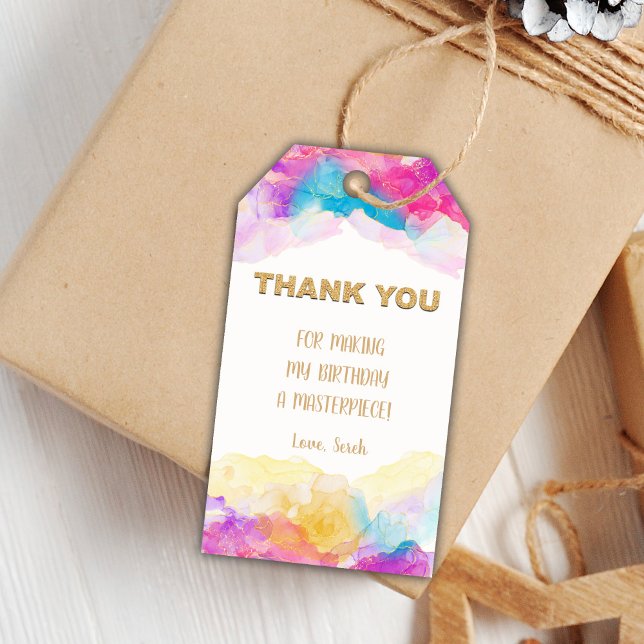 Fête d'Art modifiable Favoriser les étiquettes ave (Golden Glitter Paint Birthday Gift Tags)