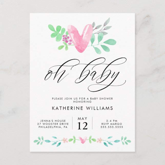 FÊTE DE BABY SHOWER | Carte postale florale à cœur (Devant)