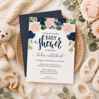 Fête de bébé : invitation florale rose et marine