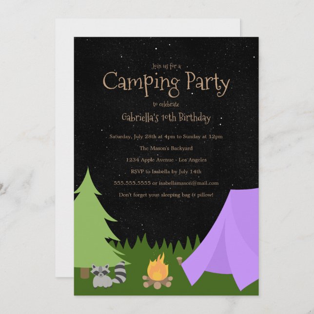 Fête de Camping pour filles | Invitation de fête d (Devant / Derrière)