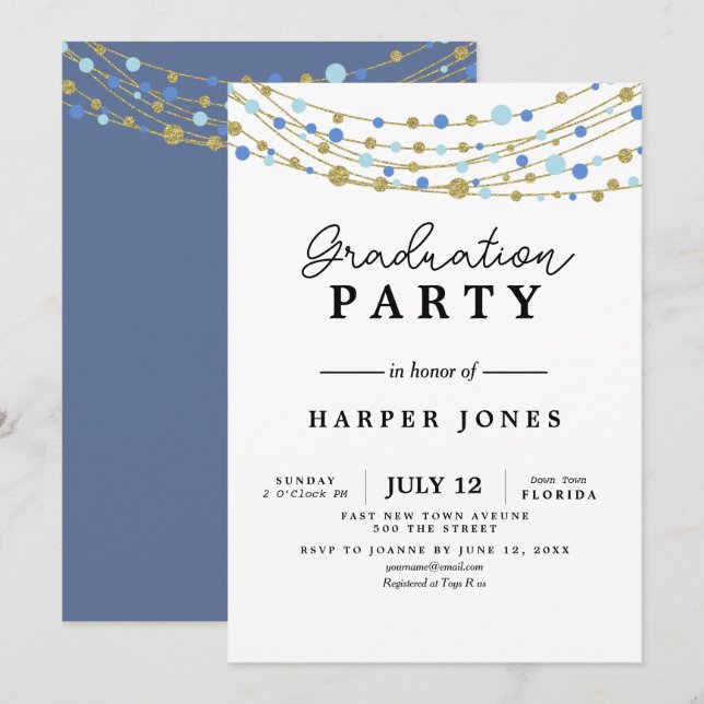 fête de graduation invitation bleu et or anniversa (Devant / Derrière)