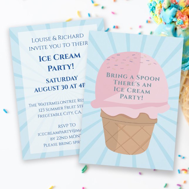 Fête de la crème glacée Anniversaire Invitation (Bring a spoon! There's an ice cream party & you're invited to put your party details on this invite)