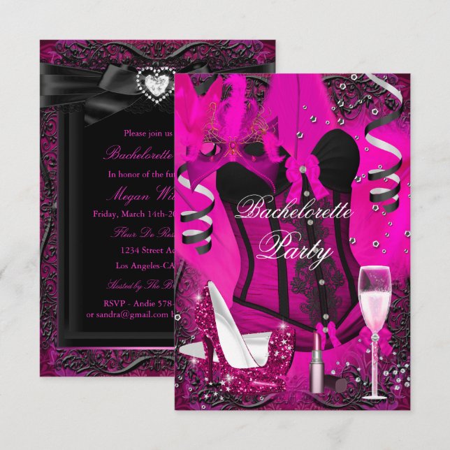 Fête de l'étincelle rose Bachelorette Invitation (Devant / Derrière)