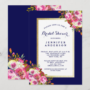 Fête de l'mariée florale chic Invitation  Navy Blu