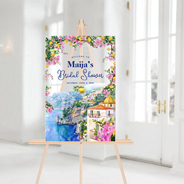 Fête de mariage aux couleurs de la côte d'Amalfi à (Watercolor Amalfi Coast Pink Lemons Bridal Shower. Welcome your guests with Italian charm.)