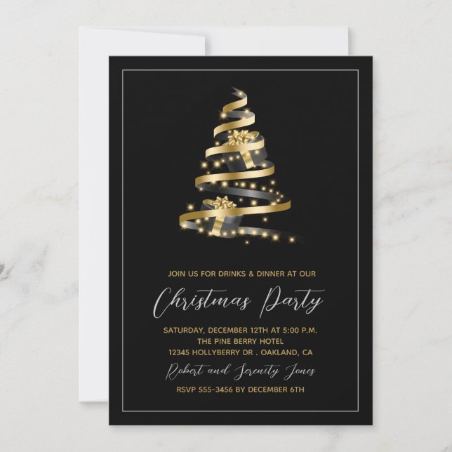 Fête de Noël Black Gold Tree Invitation (Devant)