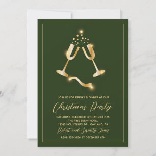 Fête de Noël Green Gold Champagne Invitation