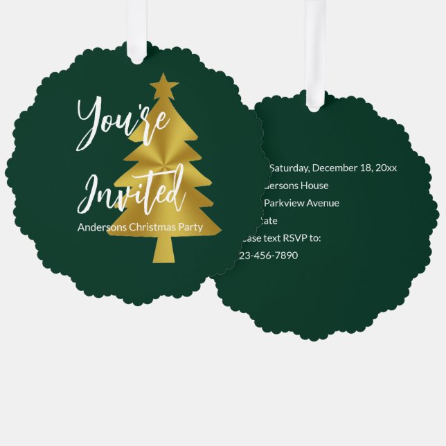 Fête de Noël Green White et Gold Invitation (Recto/Verso)