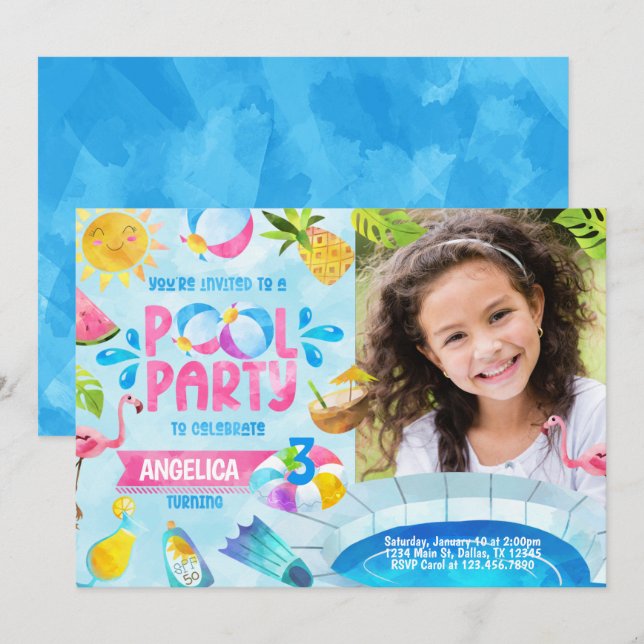 Fête de piscine d'été Anniversaire Invitation Invi (Devant / Derrière)