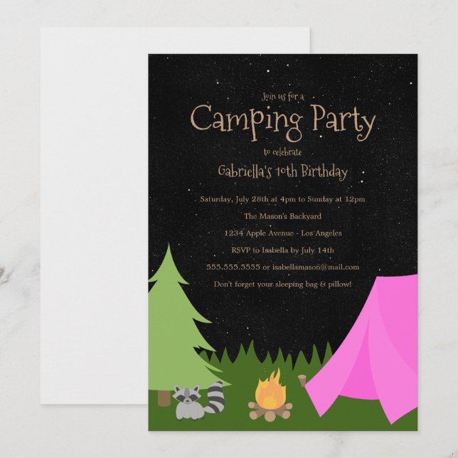 Fête des filles de camping| Invitation à la fête d (Devant / Derrière)
