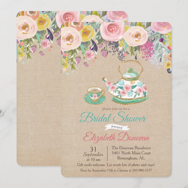 Fête des mariées Aquarelle Florale Invitation (Devant / Derrière)