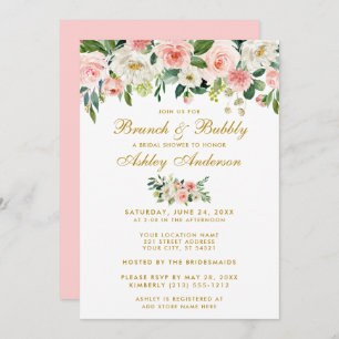 Fête des mariées Brunch rose Floral or Invitation 