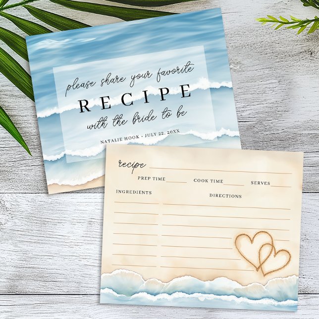 Fête des mariées de plage Recette Cartes avec Coeu (Bridal Shower Recipe Card)