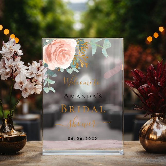 Fête des mariées d'eucalyptus rose or floral bienv (Créateur téléchargé)