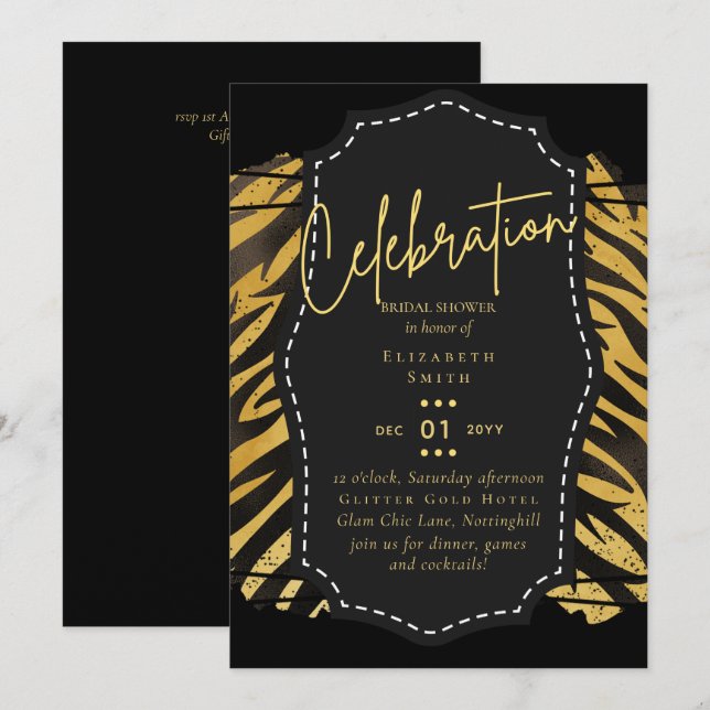 Fête des mariées en or noir brillant Invitations (Devant / Derrière)
