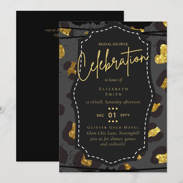 Fête des mariées en or noir brillant Invitations (Devant / Derrière)