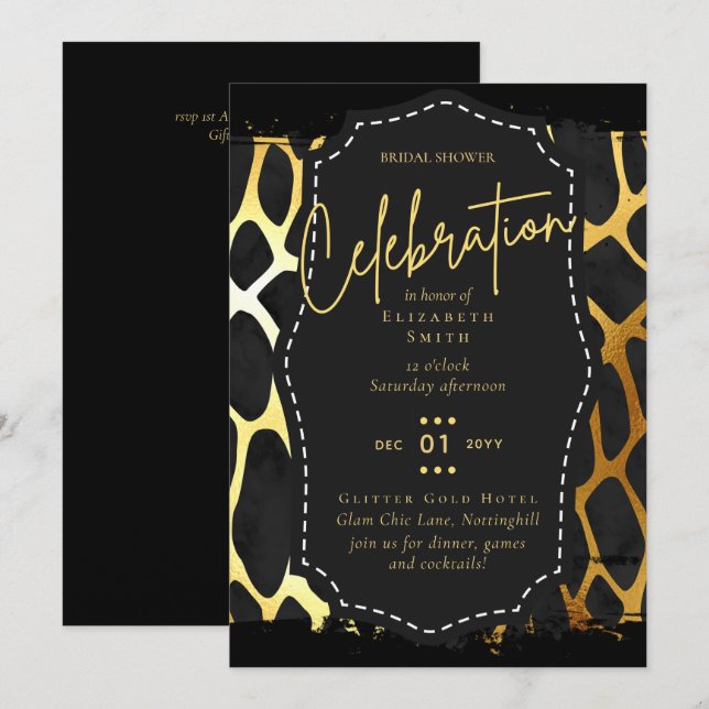 Fête des mariées en or noir brillant Invitations (Devant / Derrière)