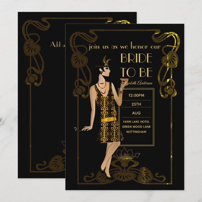 Fête des mariées en or noir brillant Invitations (Devant / Derrière)