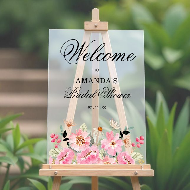 Fête des mariées Fleur sauvage rose (Pink garden floral bridal shower welcome acrylic sign)