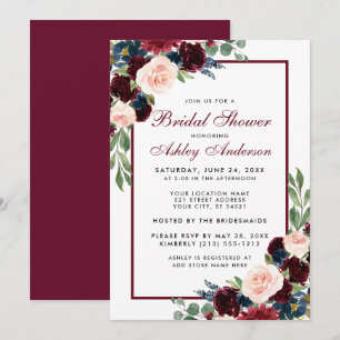 Fête des mariées Floral Bourgogne Bleu Invitation
