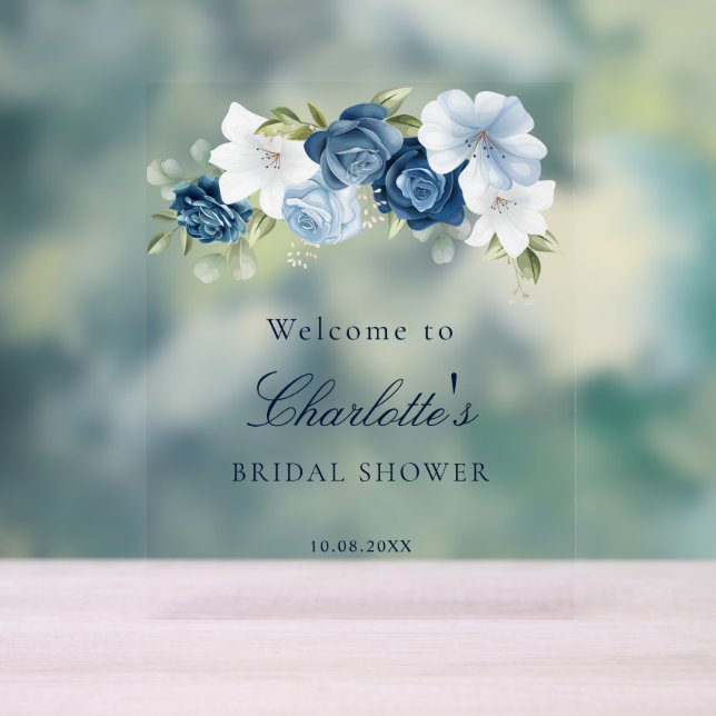 Fête des mariées Floral Dusty Blue Script (Neutre)