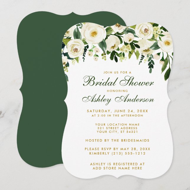 Fête des mariées Floral Green Gold Invitation B (Devant / Derrière)