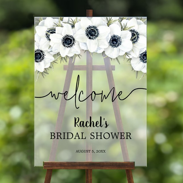 Fête des mariées florale aquarelle Bienvenue (Black and white watercolor floral bridal shower acrylic Welcome sign)