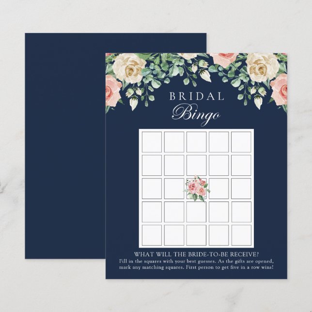 Fête des mariées florale bleu marine Bingo Carte d (Devant / Derrière)