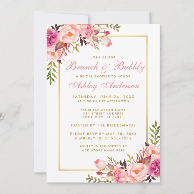 Fête des mariées florale rose or Brunch Invitation (Devant)