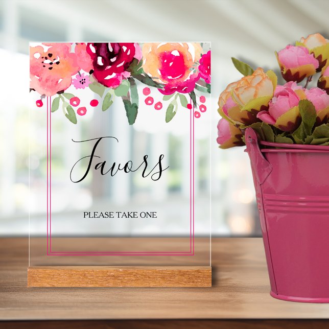 Fête des mariées florale rose romantique privilégi (Romantic pink watercolor flowers bridal shower favors tabletop acrylic sign)