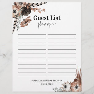Fête des mariées Liste d'invités Connexion Feuille
