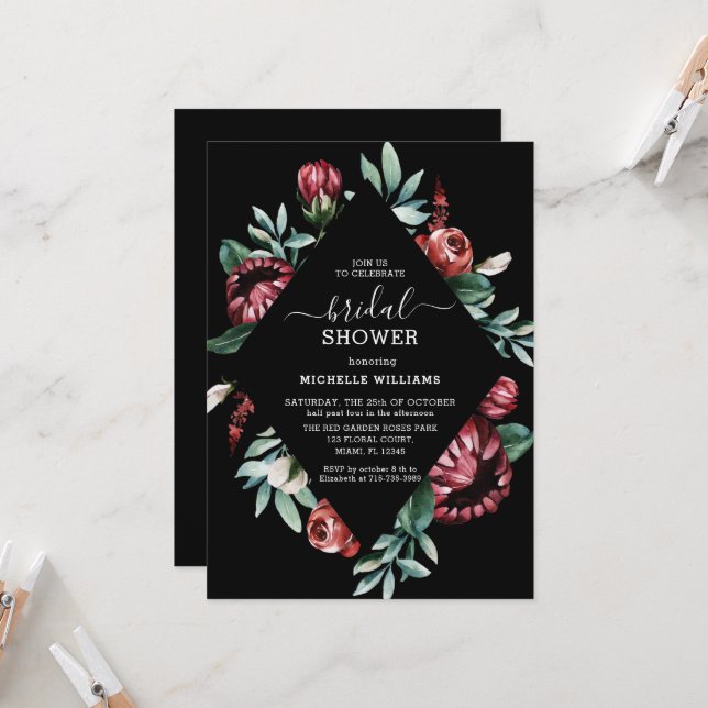 Fête des mariées Noir avec Red Roses Invitation (Devant/Arrière en situation)