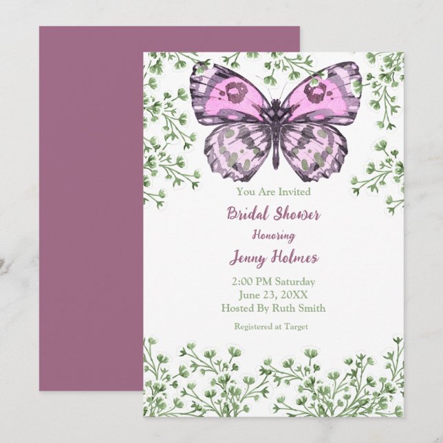 Fête des mariées Papillon rose verte Invitation (Devant / Derrière)