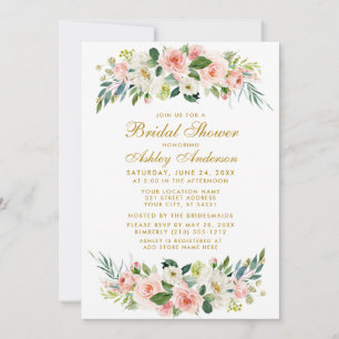 Fête des mariées Rose Blanc Floral Gold Invitation