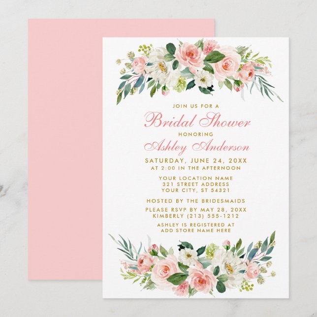 Fête des mariées Rose Blanc Floral Gold Invitation (Devant / Derrière)