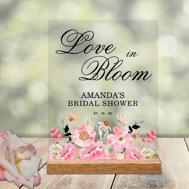 Fête des mariées rose Floral Bienvenue (Love in Bloom on pink garden floral bridal shower welcome acrylic tabletop sign)