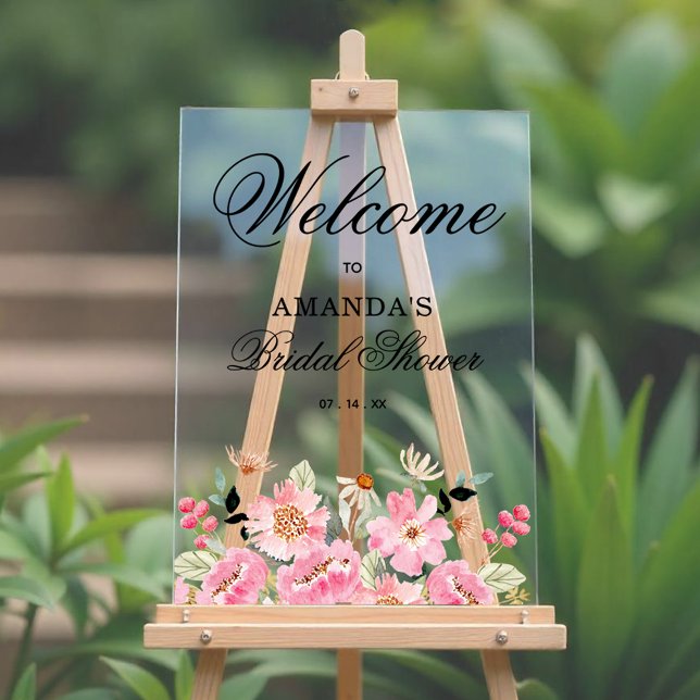 Fête des mariées rose Floral Bienvenue (Pink garden floral bridal shower welcome clear acrylic sign)