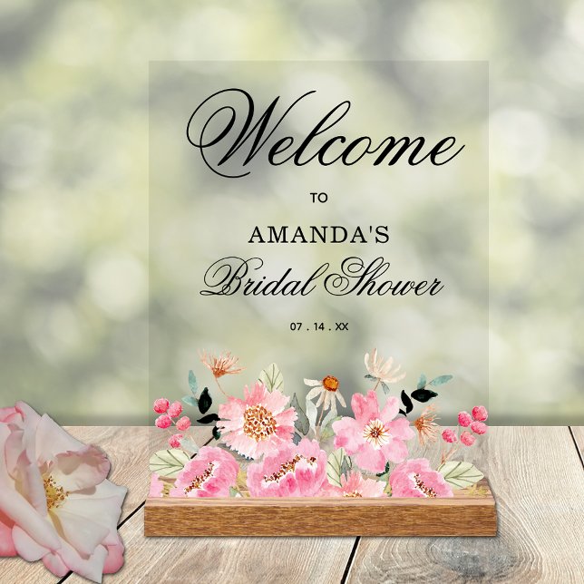 Fête des mariées rose Floral Brunch Bienvenue (Pink garden floral bridal shower welcome acrylic tabletop sign)