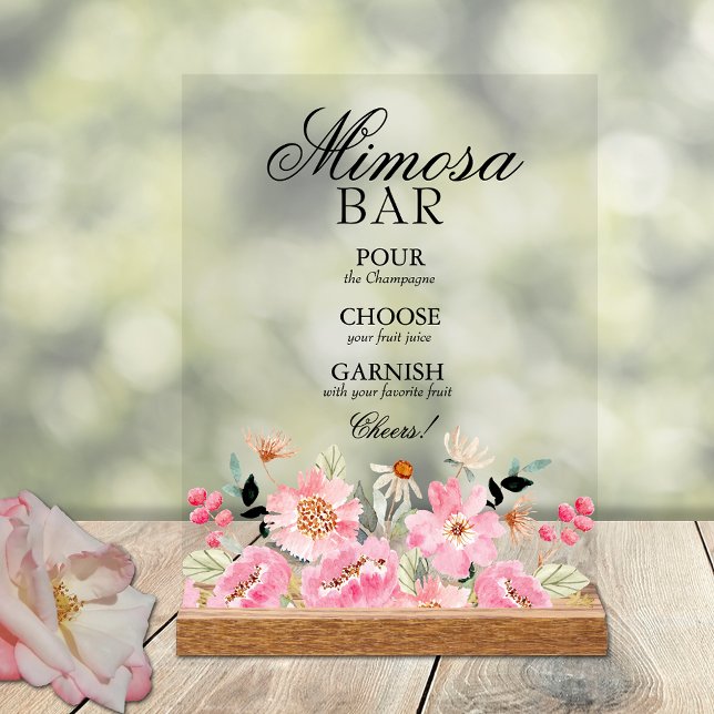 Fête des mariées rose Floral Mimosa Bar (Pink floral bridal shower Mimosa Bar tabletop acrylic sign)