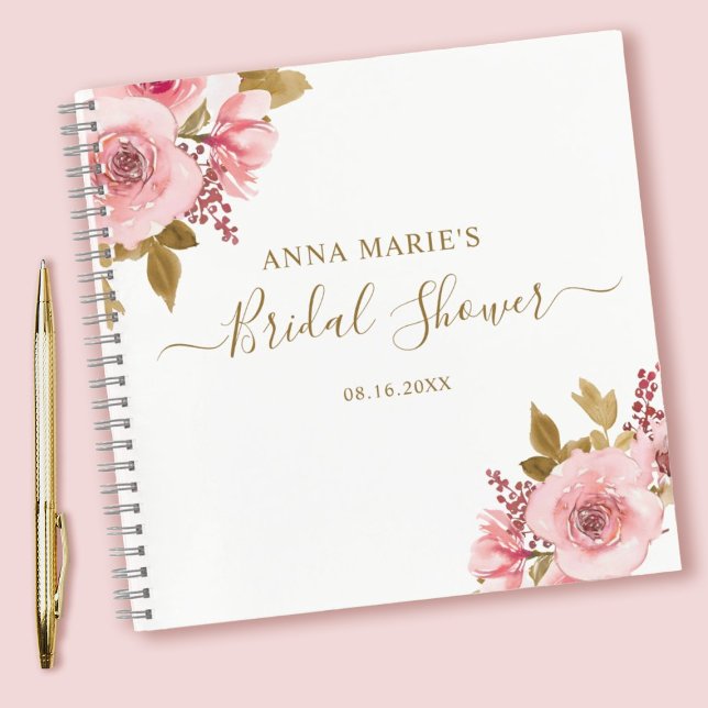 Fête des mariées Rose Rose Gold Livre d'or (A pretty pink watercolor floral Bridal shower guestbook. Personalize it with the brides name & date)