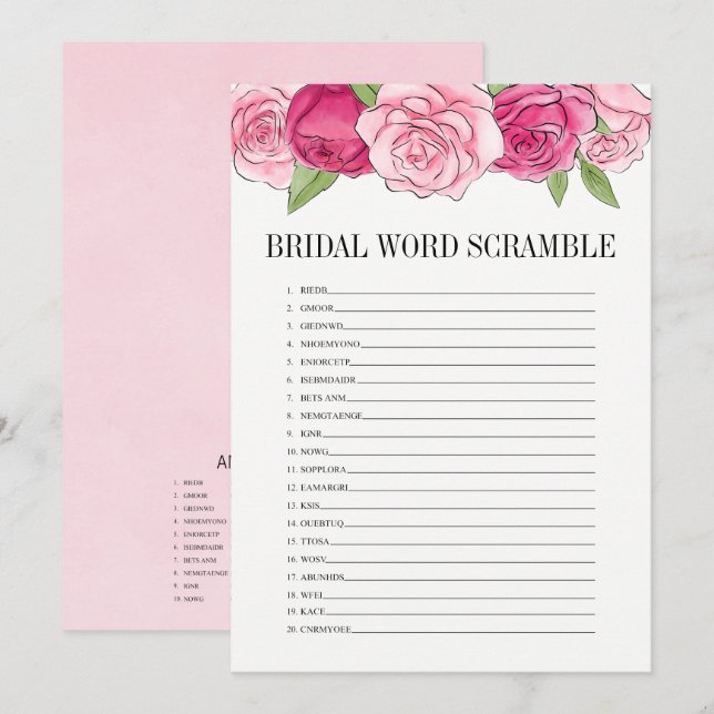 Fête des mariées rose Roses Word Scramble Carte de (Devant / Derrière)