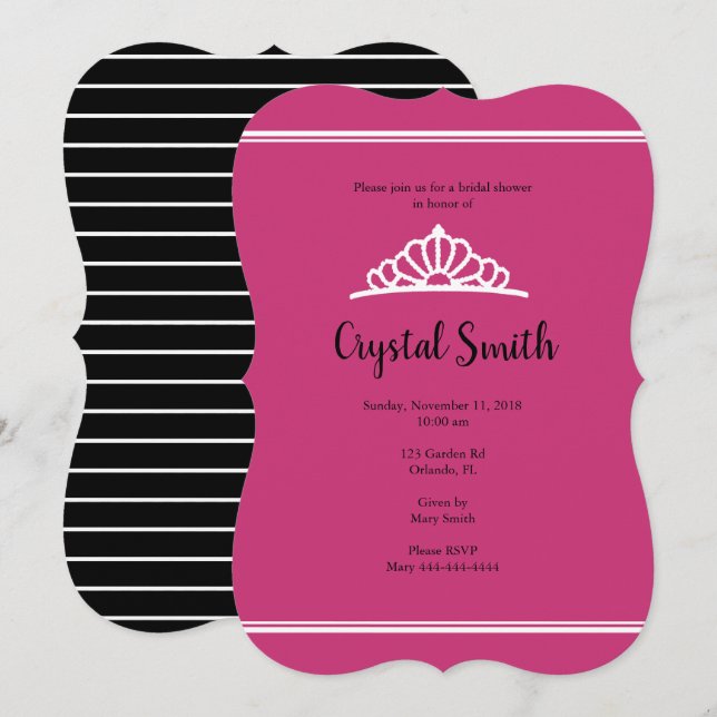 Fête des mariées Tiara Pink Stripe Invitation (Devant / Derrière)