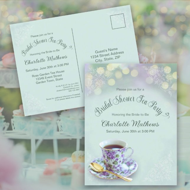 Fête des mariées vintage Tea Party Invitation vert (Vintage Tea Party Bridal Shower Green Invitation Postcard)