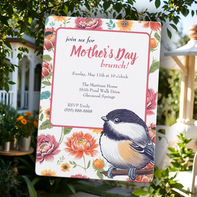 Fête des Mères de Whimsical Brunch Invitation de c (Cheerful Mother's Day brunch invitation with a sweet, hand-drawn chickadee and bright flowers)