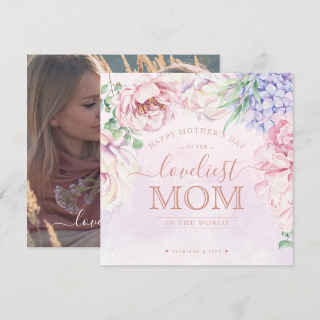Fête des mères florales Carte photo personnalisé (Devant / Derrière)