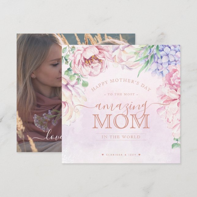 Fête des mères florales Carte photo personnalisé (Devant / Derrière)