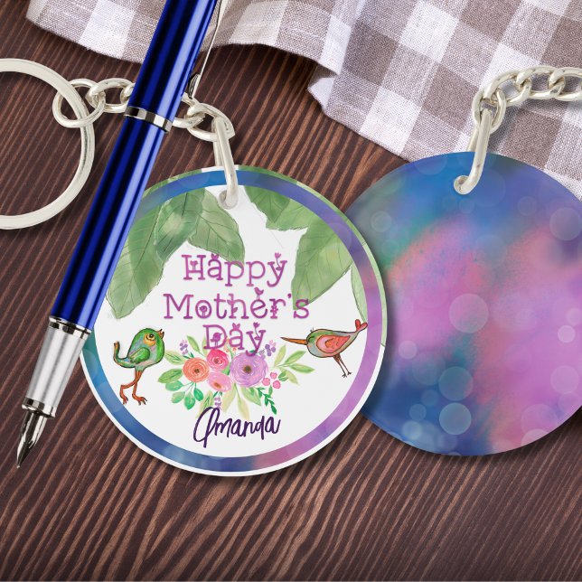 Fête des Mères Whimsical Oiseaux floraux (Whimsical Mother's Day Floral Birds Keychain)