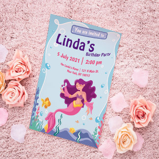 fête des sirènes roses Invitation d'anniversaire